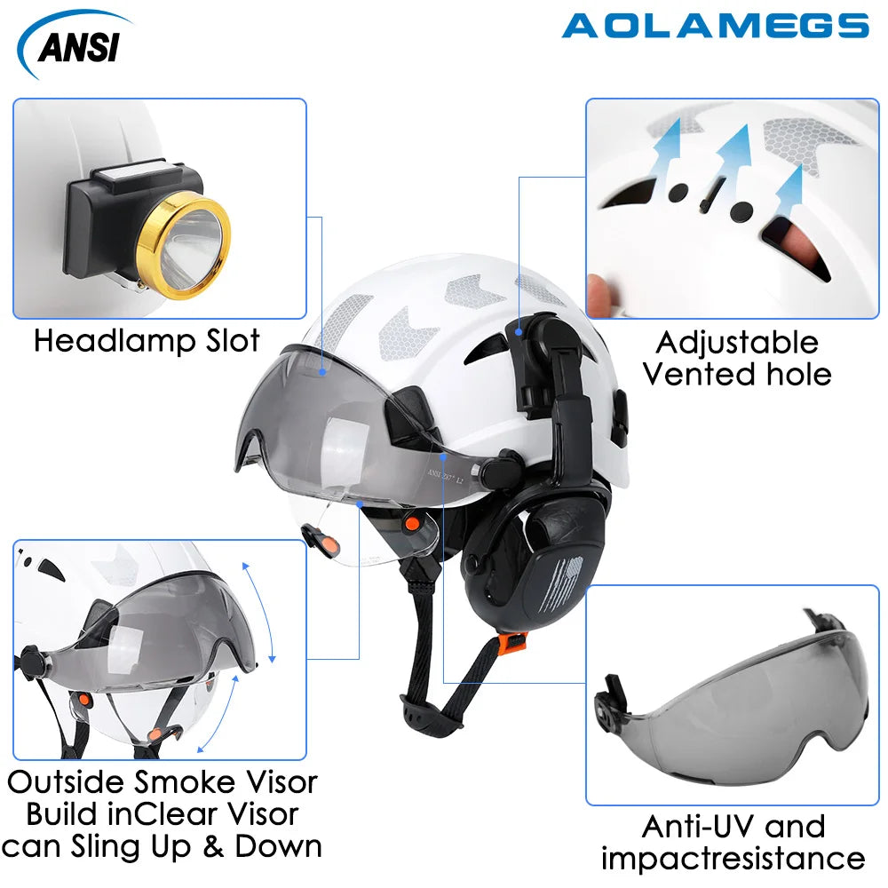 CE Construction Safety Helmet With Visor Built In Goggles Earmuffs Reflective Stickers For Engineer ABS Hard Hat ANSI Industrial