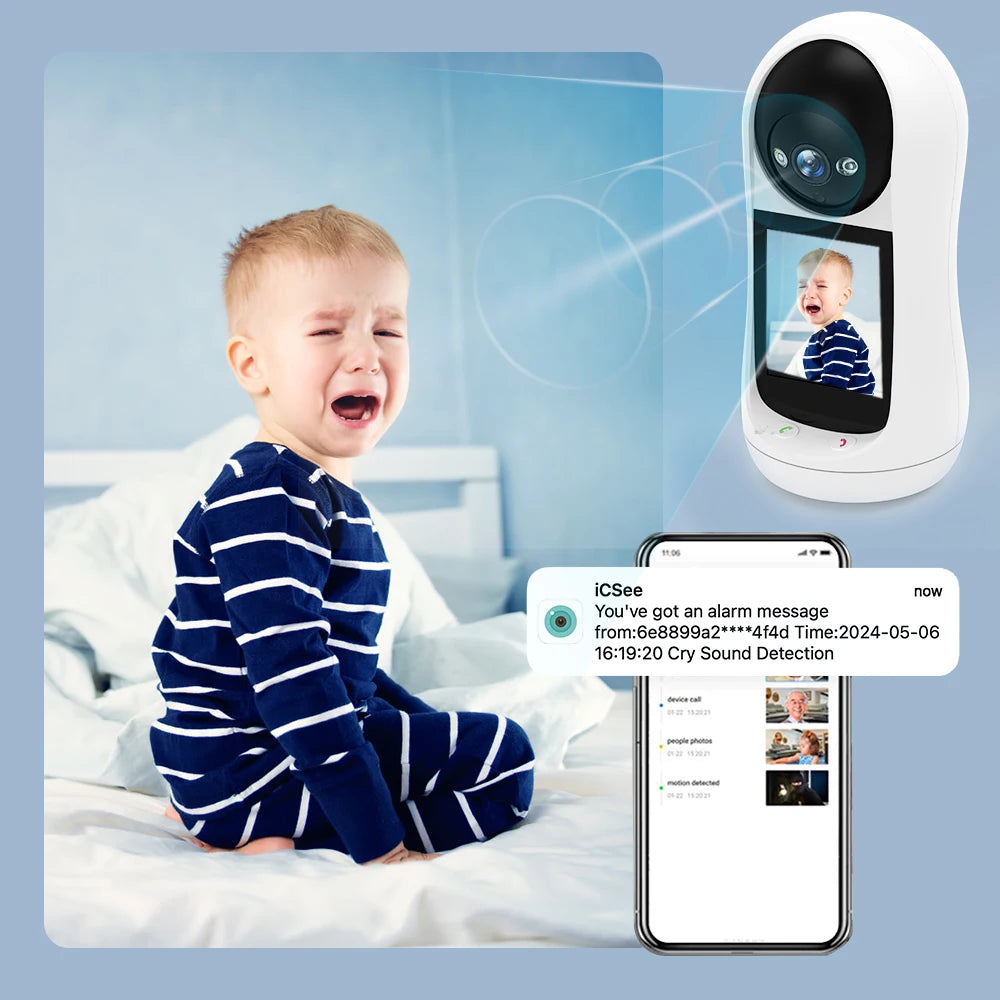 Wifi Camera 2K  3MP 2.8 inch IPS Screen Human Tracking Two Way Audio PTZ Video Calling Intercom Smart Baby Monitor Camera Icsee