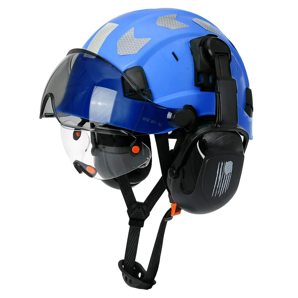 CE Construction Safety Helmet With Visor Built In Goggles Earmuffs Reflective Stickers For Engineer ABS Hard Hat ANSI Industrial