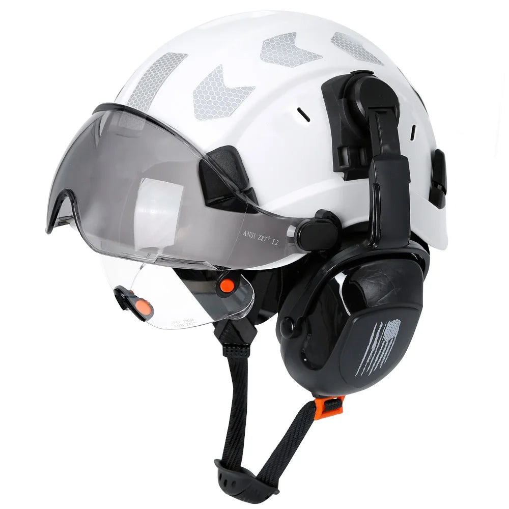 CE Construction Safety Helmet With Visor Built In Goggles Earmuffs Reflective Stickers For Engineer ABS Hard Hat ANSI Industrial