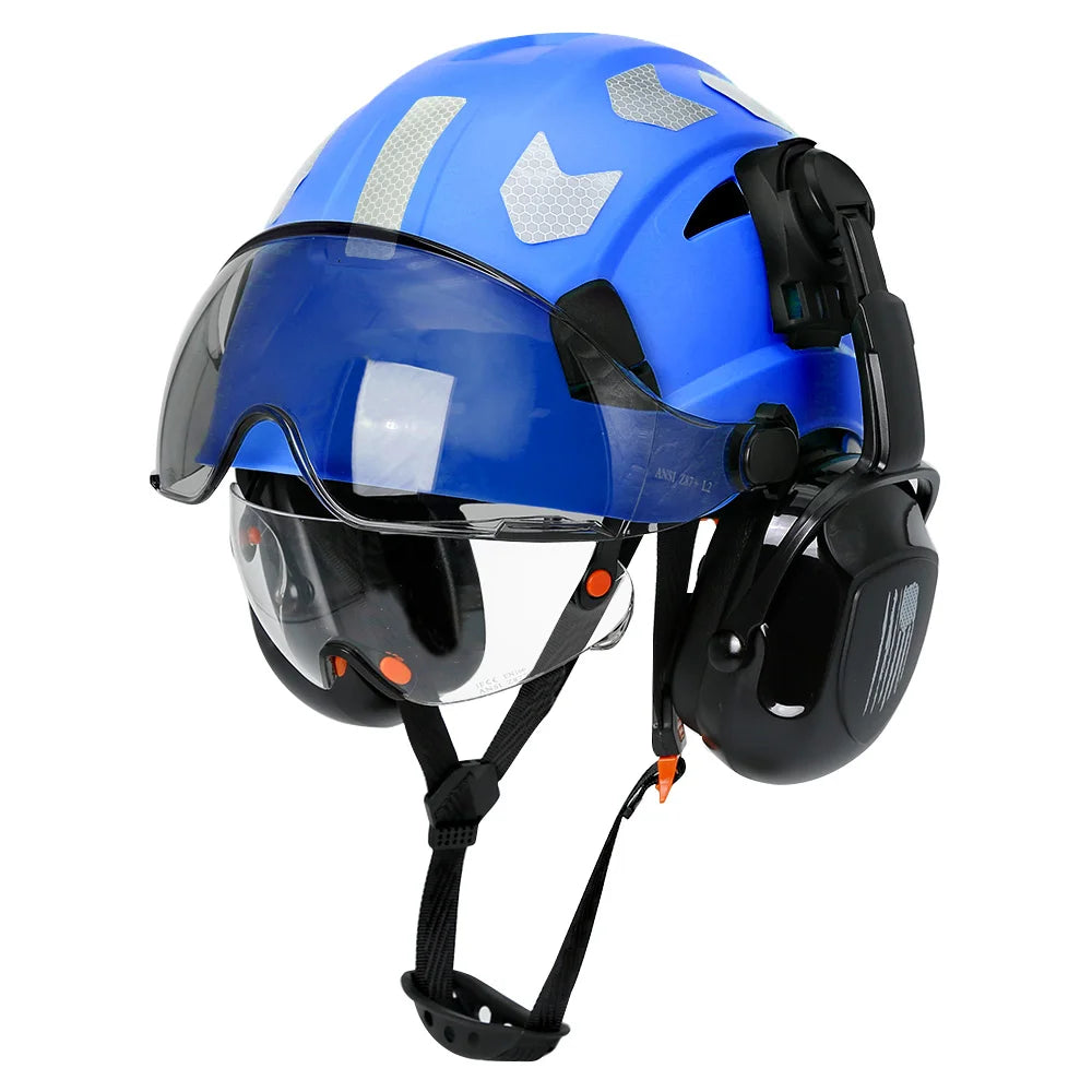 CE Construction Safety Helmet With Visor Built In Goggles Earmuffs Reflective Stickers For Engineer ABS Hard Hat ANSI Industrial