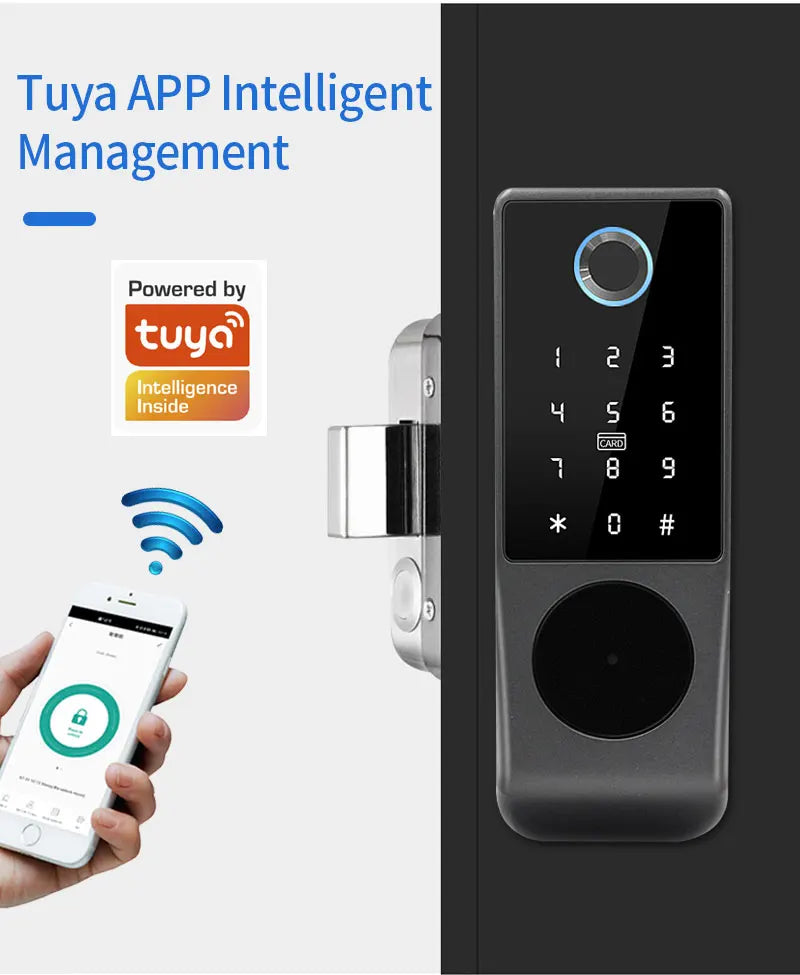 Waterproof Tuya Wifi Remote Control Fingerprint Motor Rim Lock Card Code Smart Door Lock Work for Google Alexa Echo