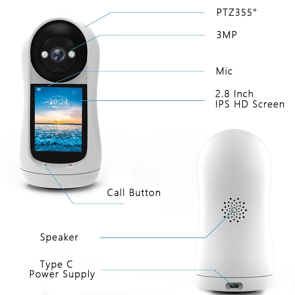 Wifi Camera 2K  3MP 2.8 inch IPS Screen Human Tracking Two Way Audio PTZ Video Calling Intercom Smart Baby Monitor Camera Icsee
