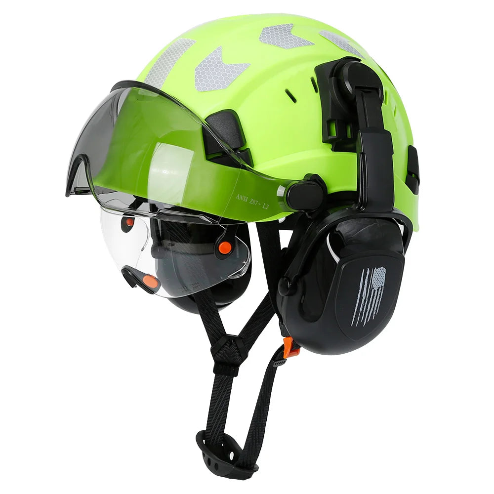 CE Construction Safety Helmet With Visor Built In Goggles Earmuffs Reflective Stickers For Engineer ABS Hard Hat ANSI Industrial