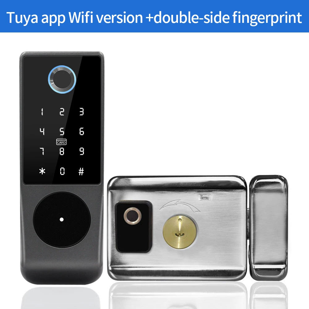 Waterproof Tuya Wifi Remote Control Fingerprint Motor Rim Lock Card Code Smart Door Lock Work for Google Alexa Echo