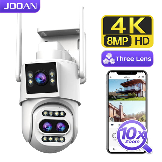 JOOAN 4K HD IP Camera Outdoor Three-Lens 10X Opticial Zoom Security WiFi Camera Auto Tracking CCTV Audio Video Surveillance Cam