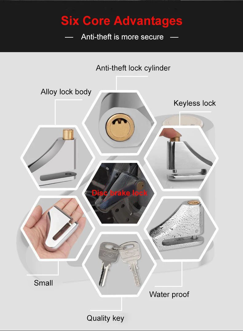 Motorcycle Waterproof  Disc Brake Lock  Anti-Theft Wheel Padlock with Keys for Motorcycles Scooter Moped Motorbike