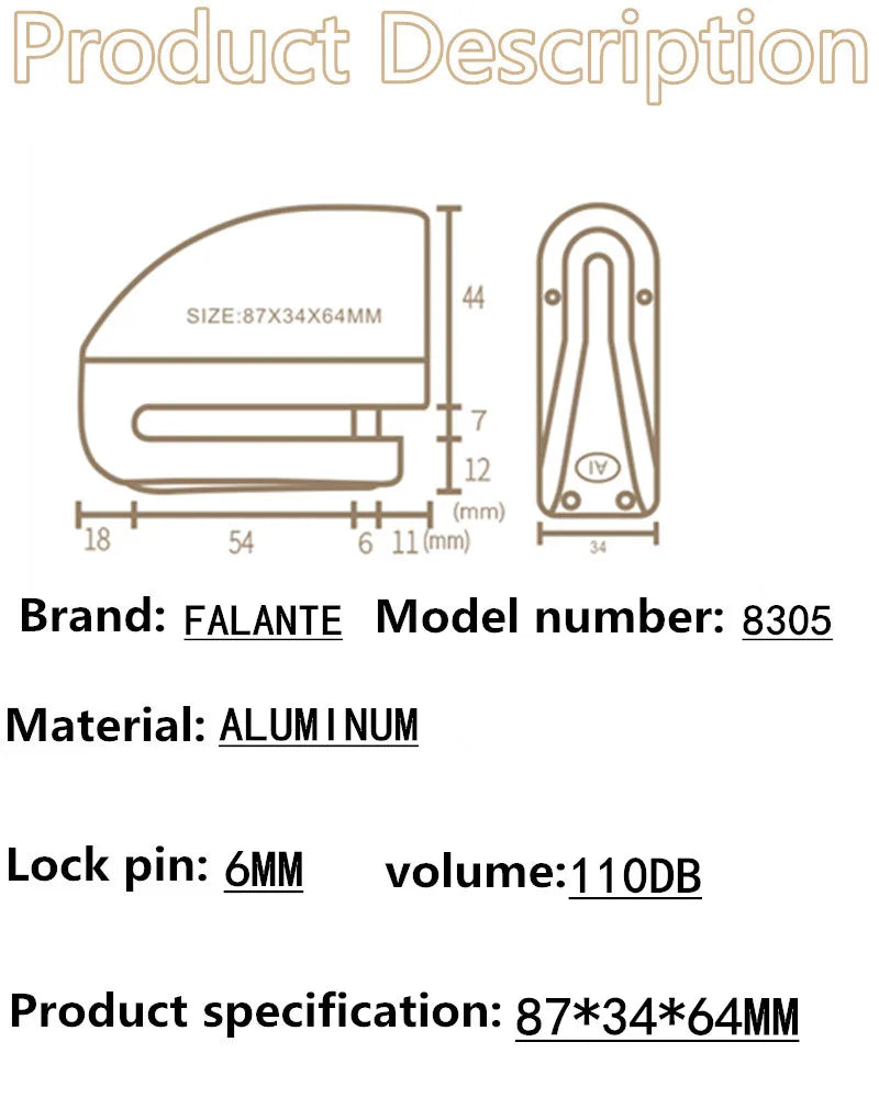Waterproof Motorcycle Alarm Lock Bike Security Anti-theft Lock Motorbike Mountain bike Disc Brake Lock +Bag+1.5mReminder Rope