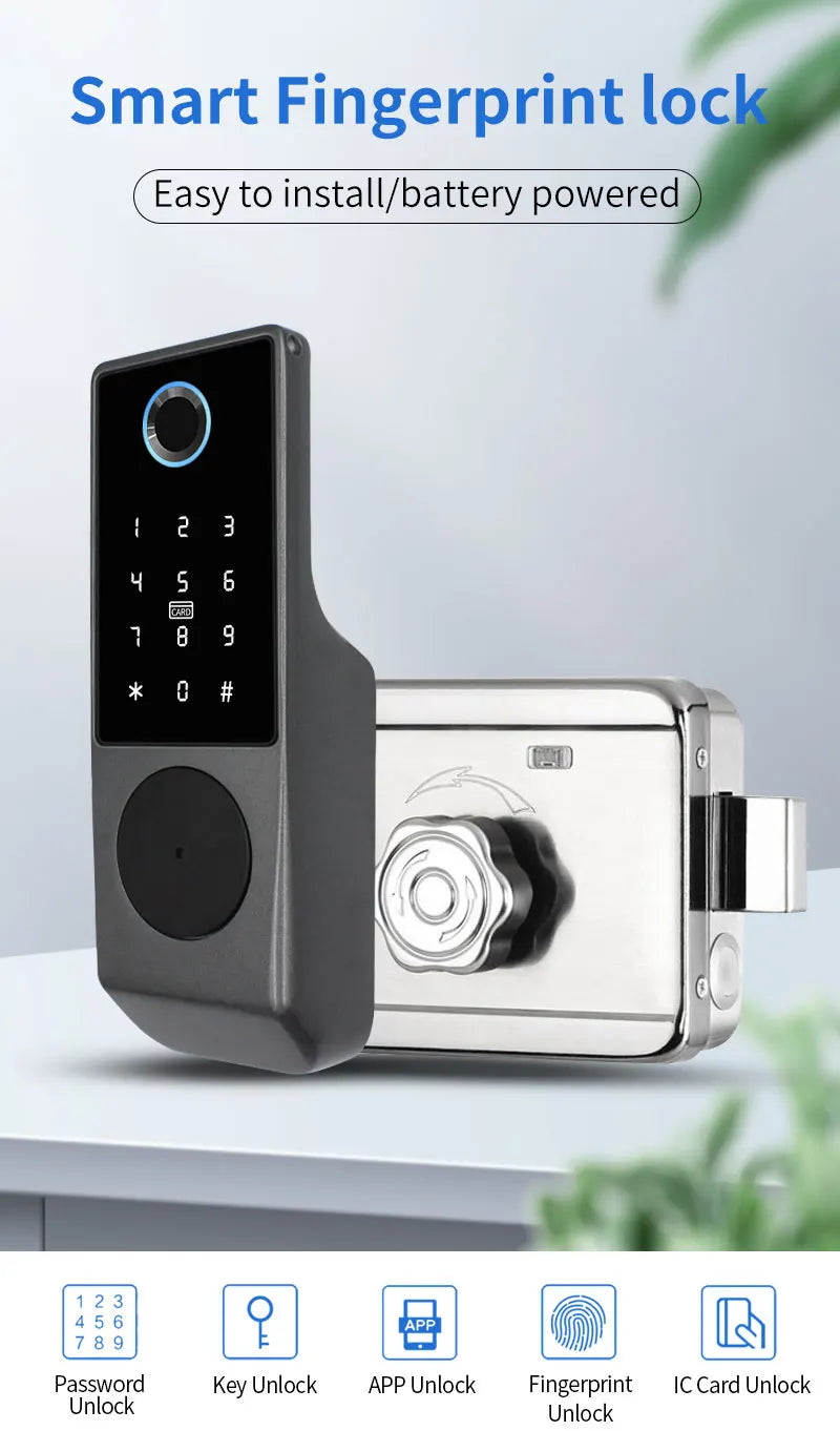 Waterproof Tuya Wifi Remote Control Fingerprint Motor Rim Lock Card Code Smart Door Lock Work for Google Alexa Echo