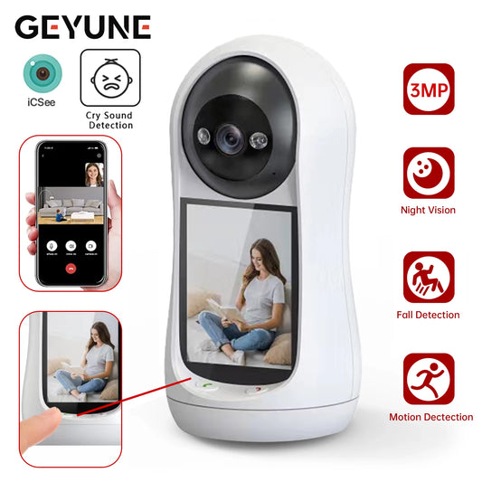 Wifi Camera 2K  3MP 2.8 inch IPS Screen Human Tracking Two Way Audio PTZ Video Calling Intercom Smart Baby Monitor Camera Icsee