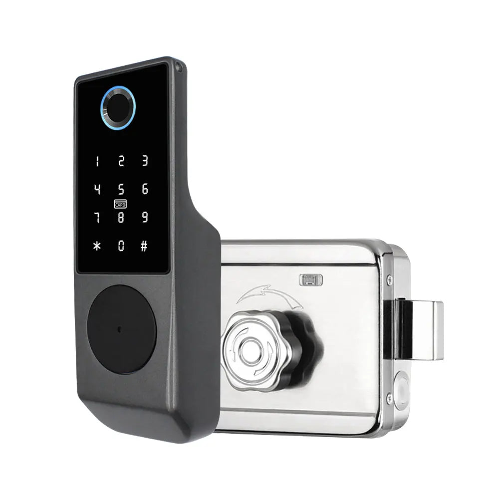 Waterproof Tuya Wifi Remote Control Fingerprint Motor Rim Lock Card Code Smart Door Lock Work for Google Alexa Echo